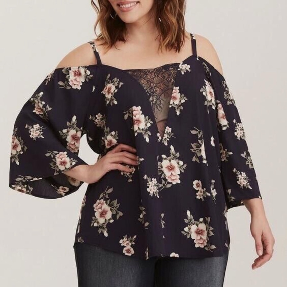 Torrid Navy Blue Floral Cold Shoulder Top with lace detail